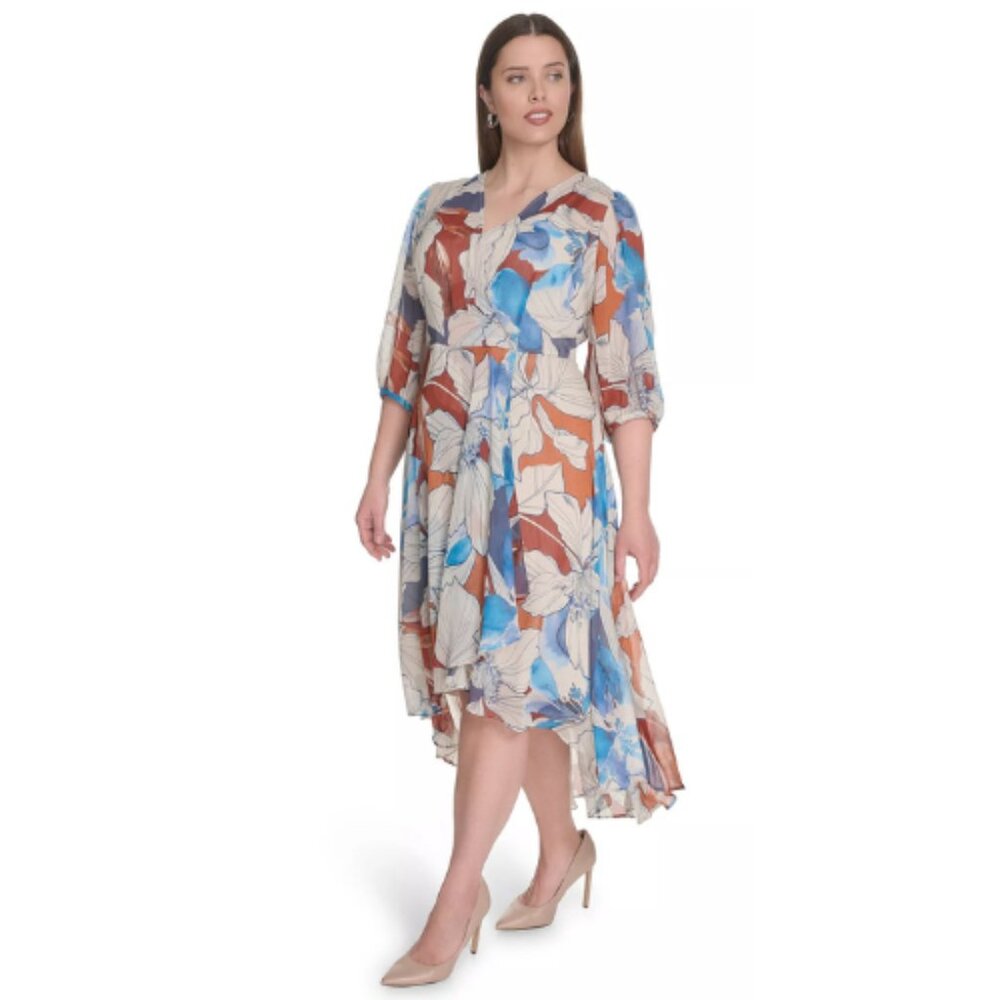 Calvin Klein Cream Multi Chiffon V Neck Event Formal Cocktail Size 20W